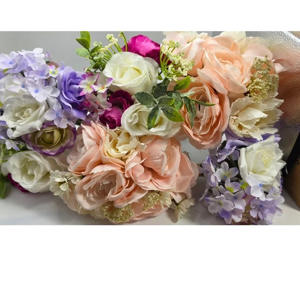 6pc Silk Floral Bouquets Peach Lavender Magenta Rose Peony Wedding Bridesmaid